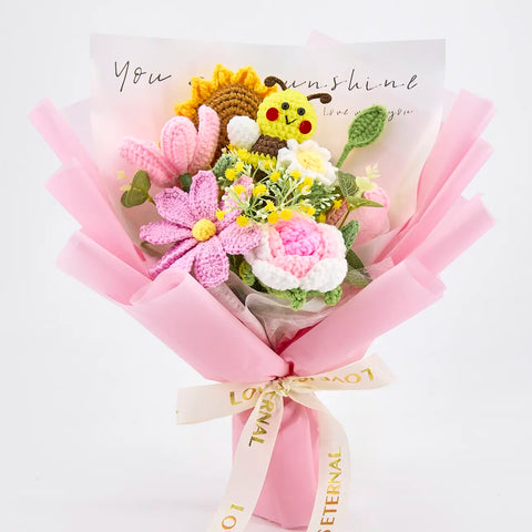 YSHomy Wrapped Crochet Flowers Bouquet with Cut Crochet Bee Rose Tulip Sufllower