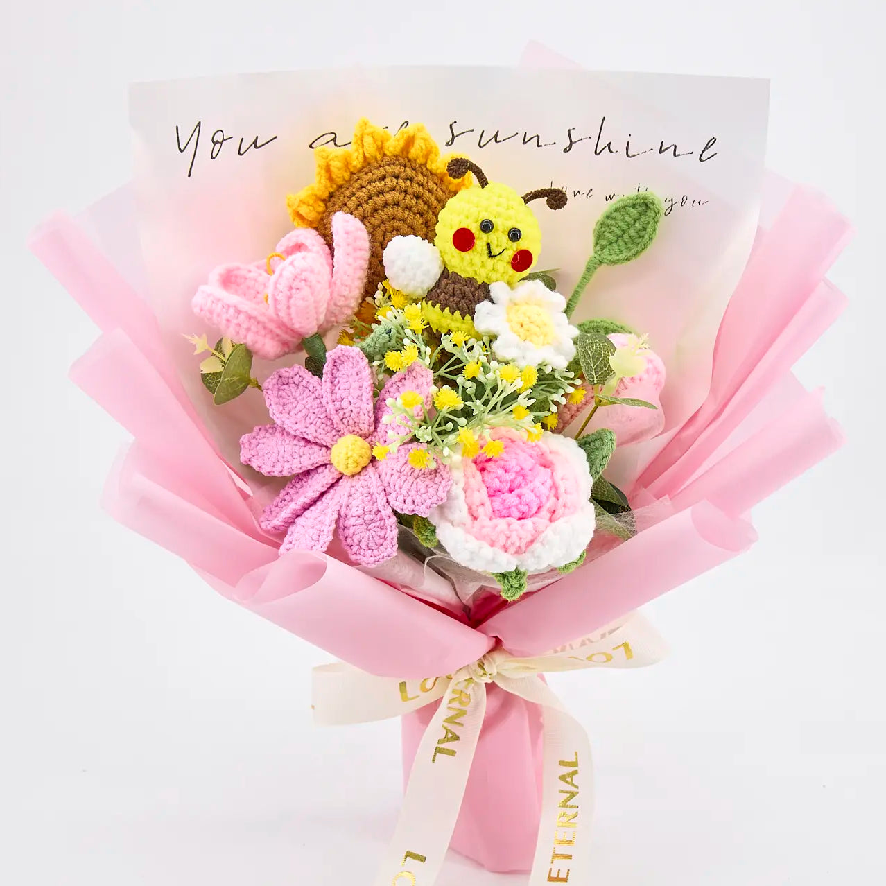 YSHomy Wrapped Crochet Flowers Bouquet with Cut Crochet Bee Rose Tulip Sufllower
