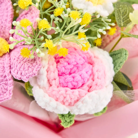 YSHomy Wrapped Crochet Flowers Bouquet with Cut Crochet Bee Rose Tulip Sufllower