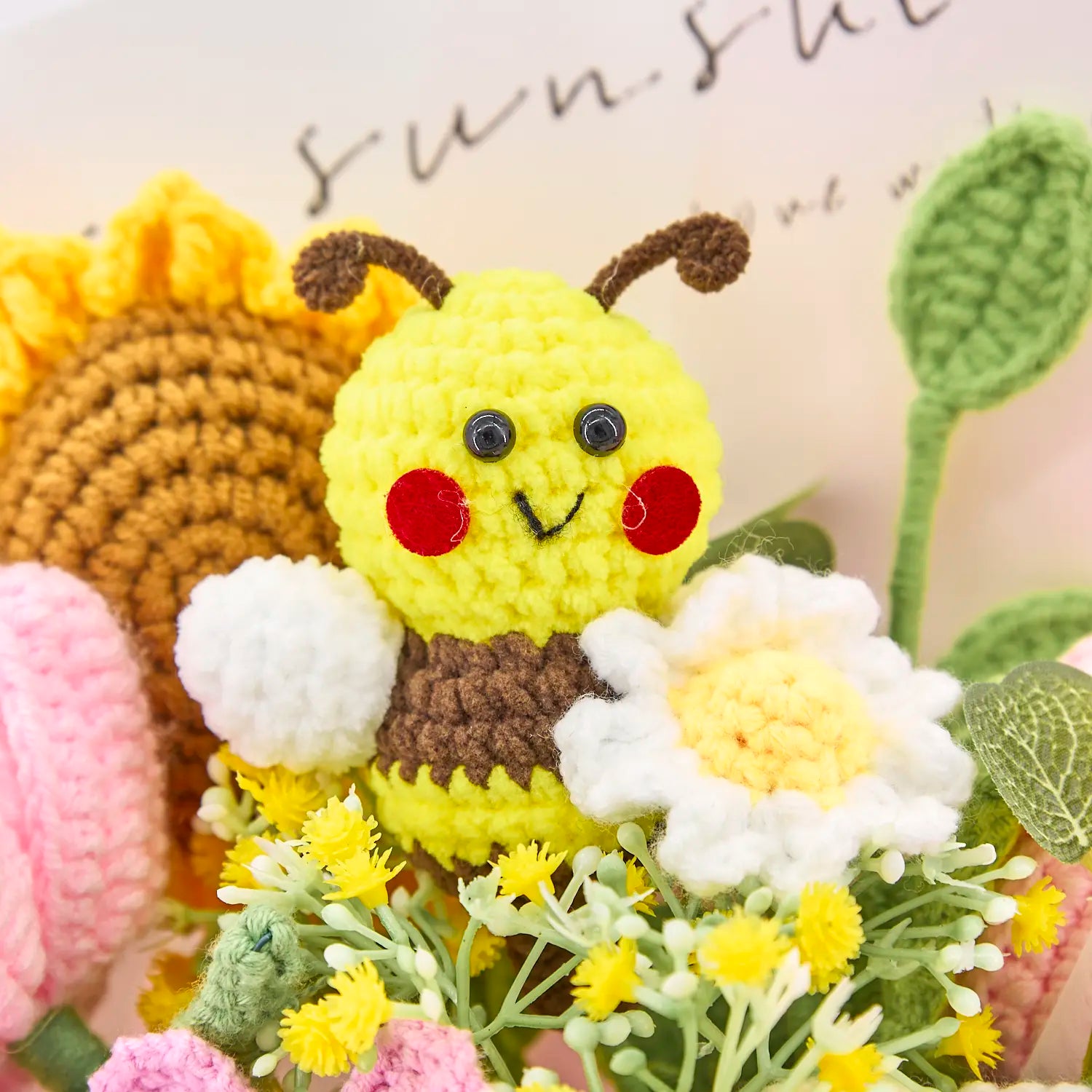 YSHomy Wrapped Crochet Flowers Bouquet with Cut Crochet Bee Rose Tulip Sufllower