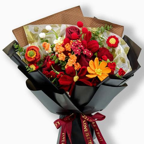YSHomy Crochet Red & Orange Bouquet with 18 Flowers in Black Wrapping