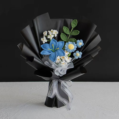 YSHomy Crochet Blue Lily Bouquet with Black Wrapping for For Him (Order: 20251105-1302)