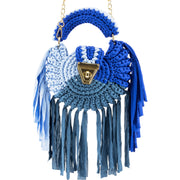 Round blue crochet handbag with bottom tassels