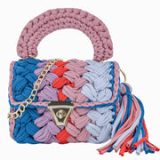 Blue and pink two-tone crochet crossbody bag with handle and tassel