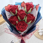YSHomy かぎ針編み カップ型赤バラの花束（青い包装）