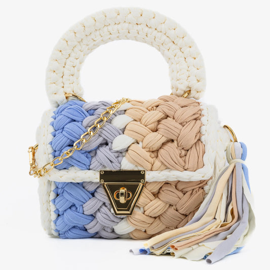 Blue and white two-tone crochet crossbody bag with handle and tassel