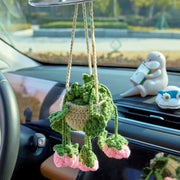 Crochet hanging pot with four branches of three-layer roses