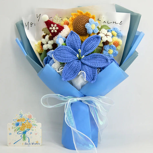 YSHomy Gehäkelter Lilien-Sonnenblumen-Rosen-Strauß – Blau