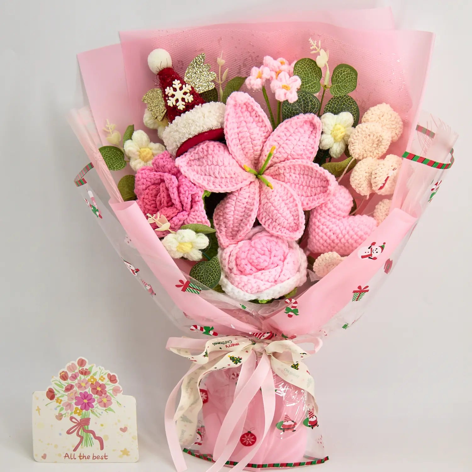 YSHomy Häkelstrauß mit rosa Lilie und Rosen