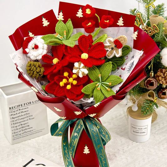 Green and red crochet Christmas bouquet with poinsettia
