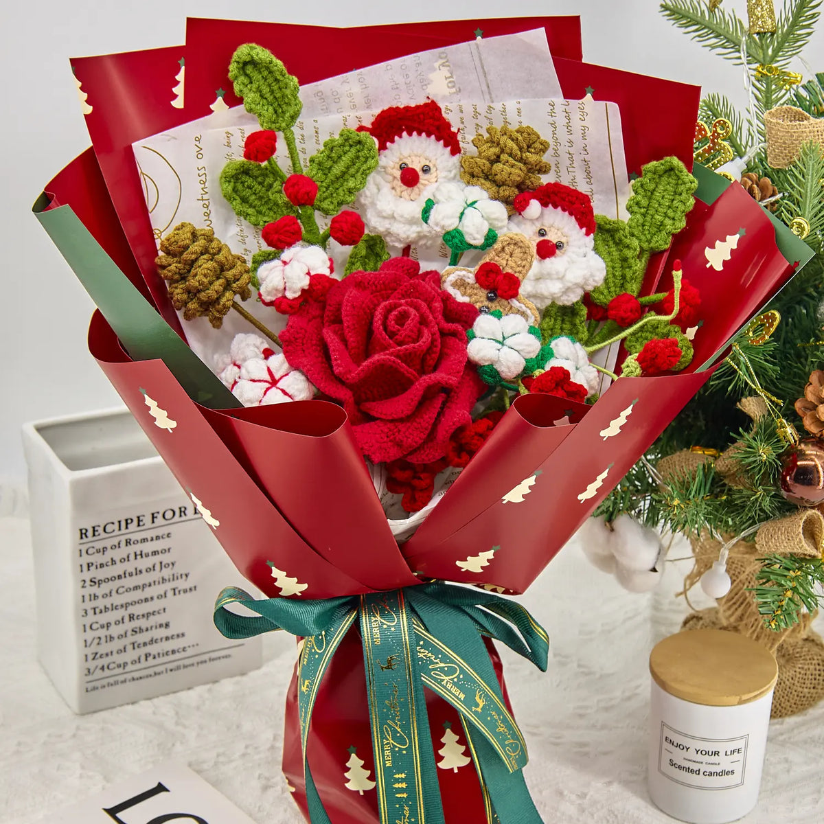 YSHomy Crochet Christmas Bouquet with Big Rose