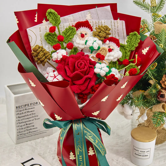 Green and red crochet Christmas bouquet with an oversized rose