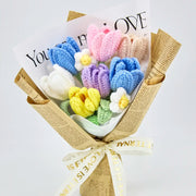 Crochet tulip bouquet wrapped in newspaper