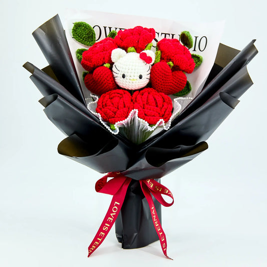 Crochet bouquet with red roses and HK lettering in black wrapping