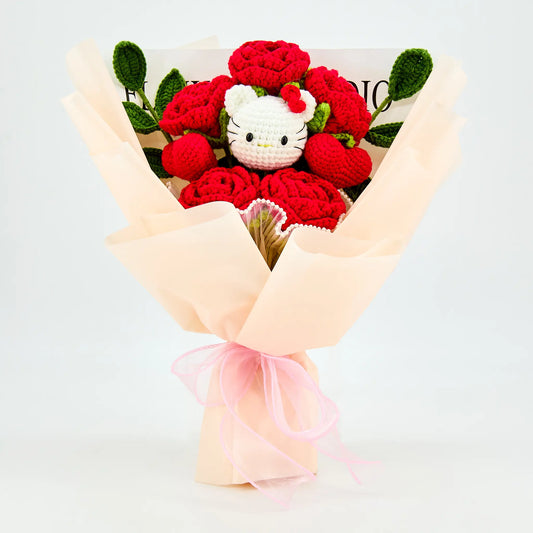 Crochet bouquet with red roses and crocheted HK lettering