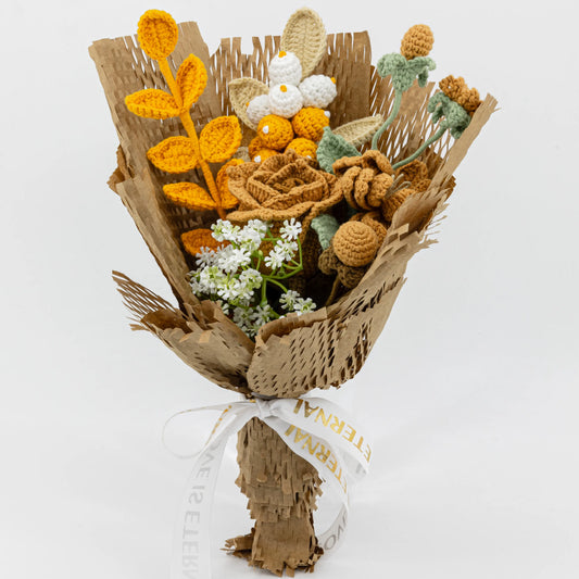 Crochet brown rose bouquet wrapped in kraft paper
