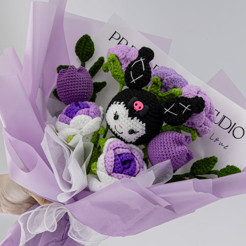YSHomy Handmade Crochet Flowers Bouquet with Kuromi & Rose