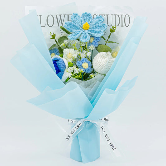 Blue crochet bouquet with Galsang happiness flowers, roses and tulips