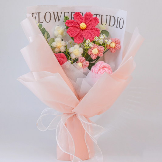 Pink crochet bouquet with Galsang happiness flowers, roses and tulips
