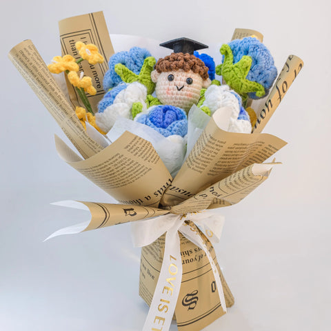 YSHomy Blue Crochet Flowers Bouquet with Newspaper Wrapping for Boy Graduation
