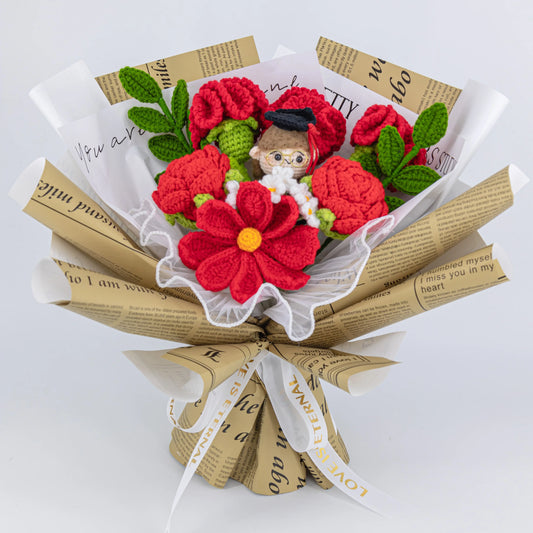 YSHomy Red Crochet Flowers Bouquet with Newspaper Wrapping for Girl Graduation 3648