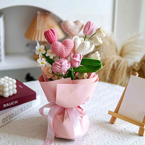 YSHomy Crochet Flowers with Rose & Tulip & Heart Bouquet