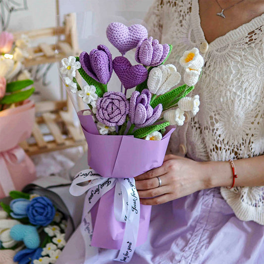 Purple crochet bouquet of roses and tulips with a crochet heart