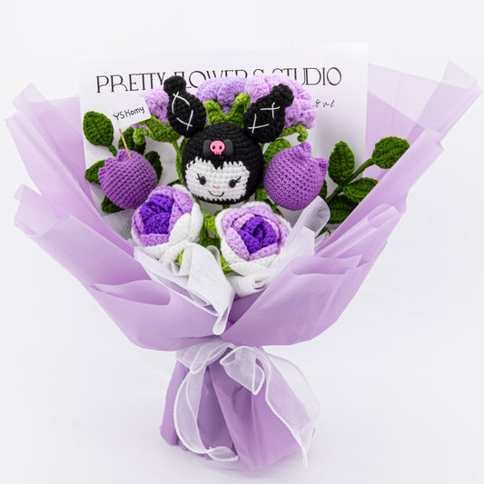 YSHomy Handmade Crochet Flowers Bouquet with Kuromi & Rose 1438