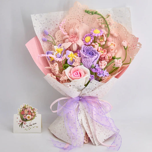 Crochet bouquet of roses and delphiniums in pink and purple