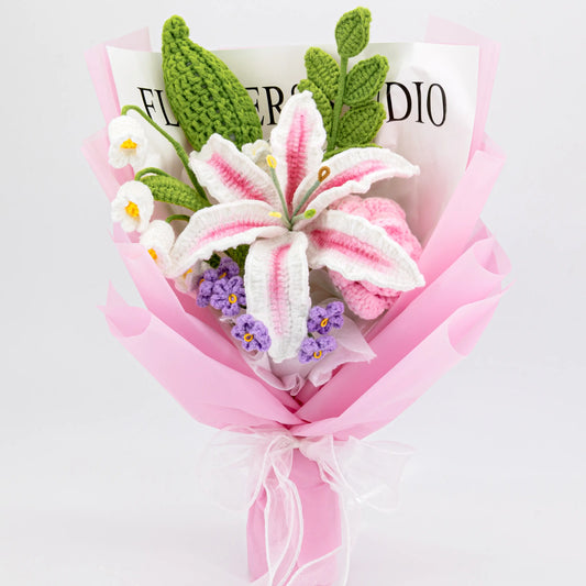YSHomy Wrapped Crochet Flowers Bouquet with Pink & White Lily 2943