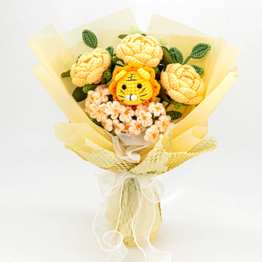 YSHomy Wrapped Crochet Flowers Bouquet with Cute Crochet Lion 3409