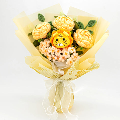 YSHomy Wrapped Crochet Flowers Bouquet with Cute Crochet Lion