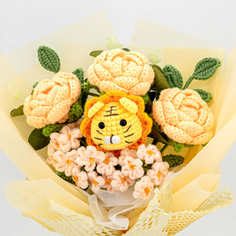 YSHomy Wrapped Crochet Flowers Bouquet with Cute Crochet Lion
