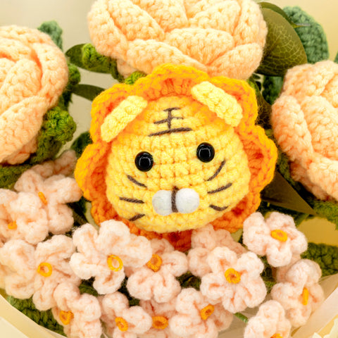 YSHomy Wrapped Crochet Flowers Bouquet with Cute Crochet Lion