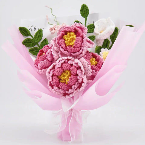 YSHomy Customized Crochet Flowers Bouquet with Peony