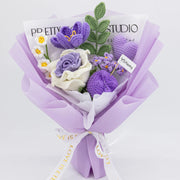Purple crochet bouquet with an oversized Thai rose, tulips and a heart
