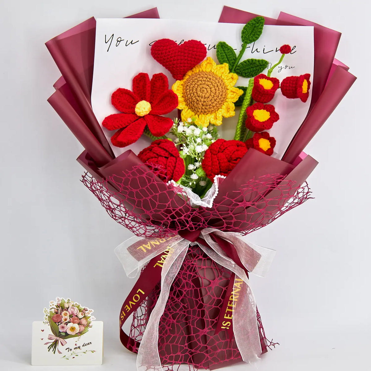 YSHomy Red Crochet Rose Sunflower Bouquet