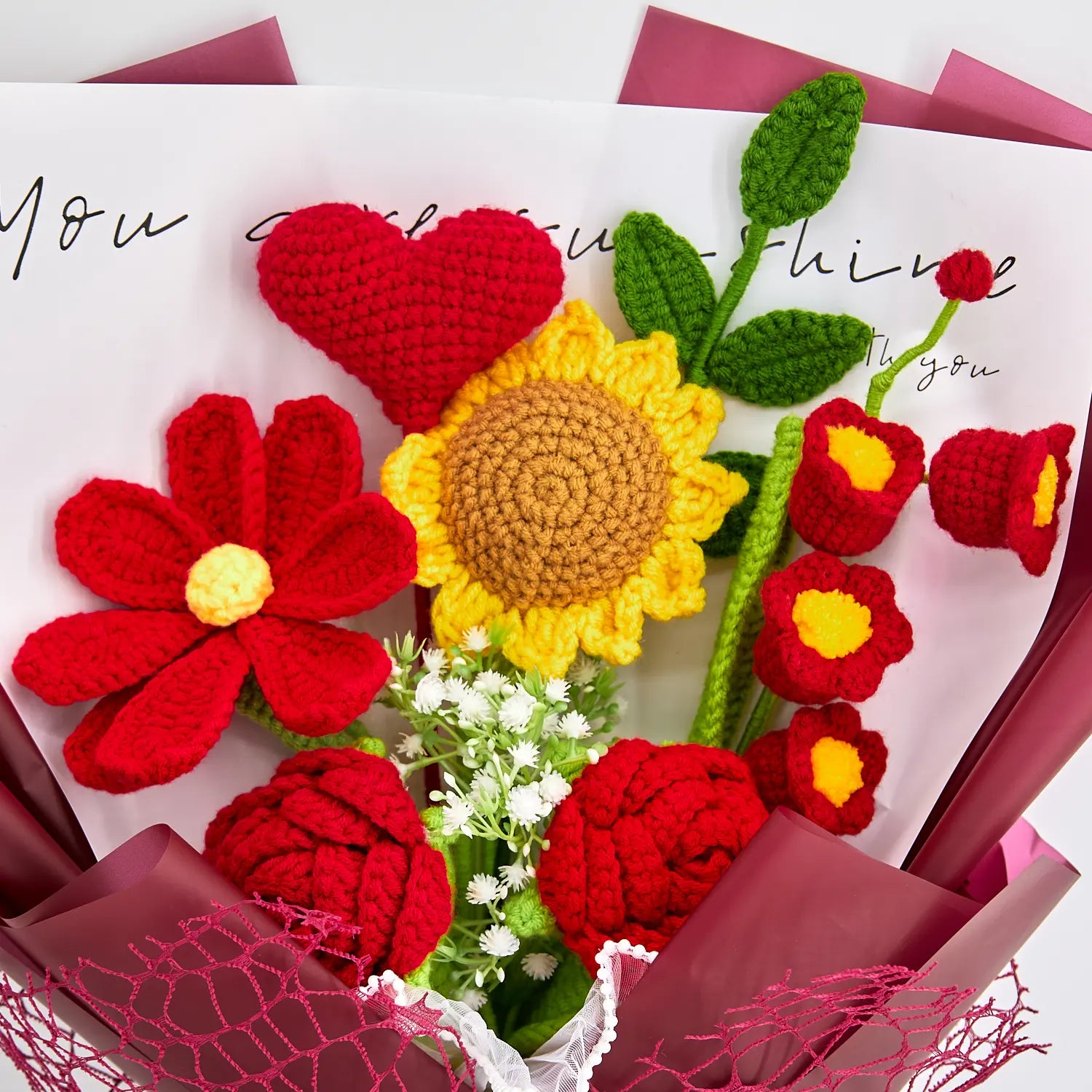 YSHomy Red Crochet Rose Sunflower Bouquet