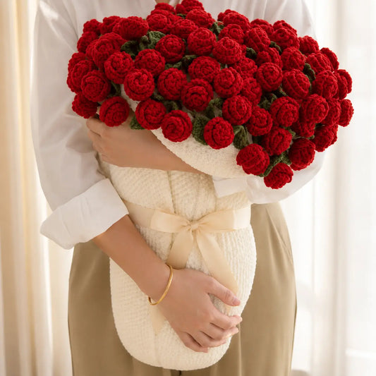 Crochet flower blanket worked in red roses