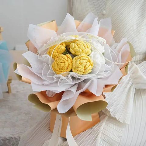 YSHomy Wrapped Round Crochet Flowers with 7 Yellow Rose Bouquet