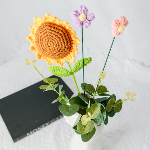 Bouquet de fleurs au crochet, Bouquet de tournesol, Fleurs au crochet, Bouquet au crochet, Cadeau au crochet, Fleur de fil, Fleur éternelle, Cadeau de la Saint-Valentin
