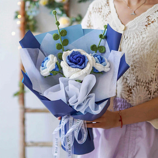 Blue crochet bouquet with an oversized Thai rose