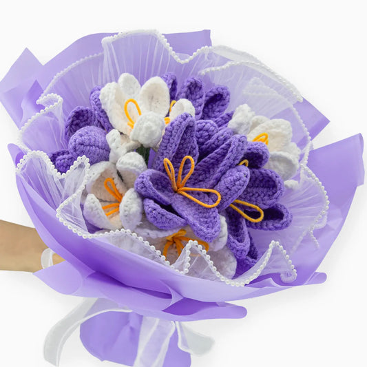 Crochet tulip bouquet in purple and white
