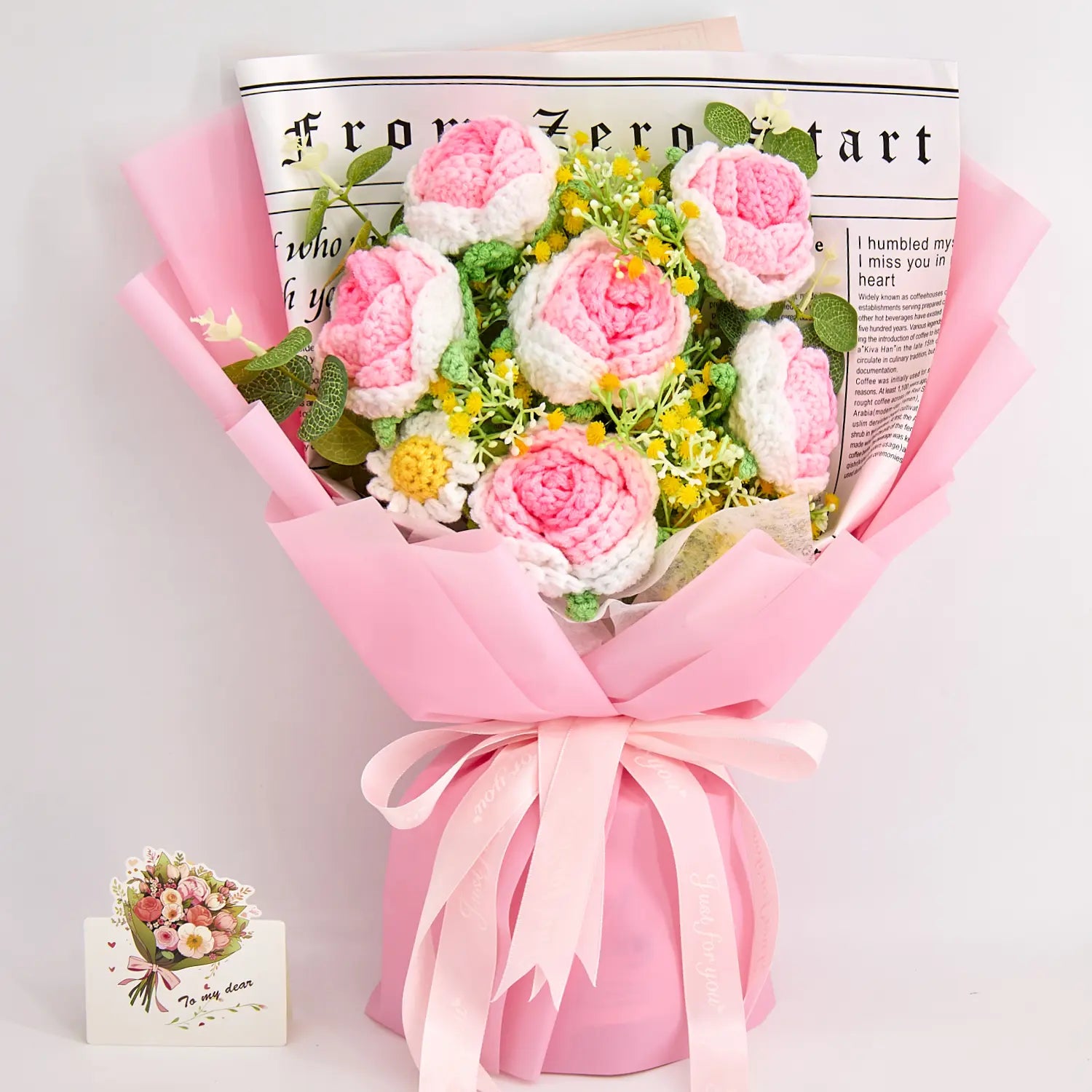 YSHomy bouquet all’uncinetto con rose rosa sfumate e margherite