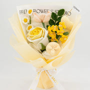 Yellow crochet bouquet with an oversized Thai rose, tulips and a heart