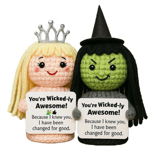 Crochet emotional support fairy and witch toys holding message cards