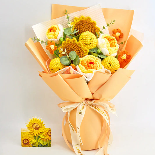 Yellow crochet bouquet with sunflowers and a crochet emoji face