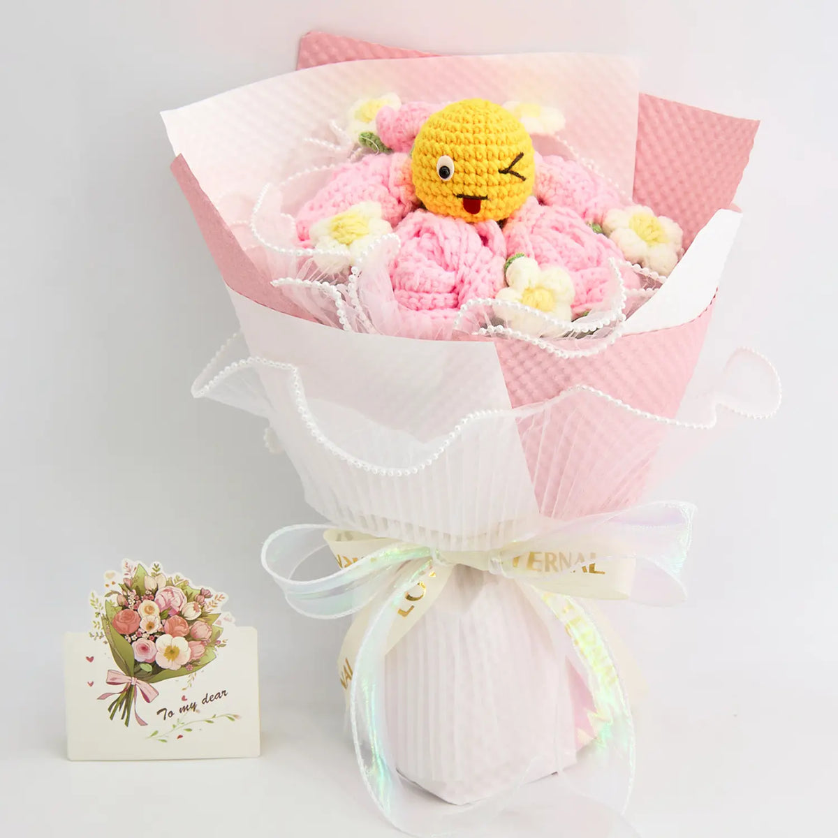 YSHomy Round Crochet Pink & White Emoji Bouquet with Rose