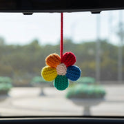 Crochet rainbow flower car hanging with five multicoloured petals
