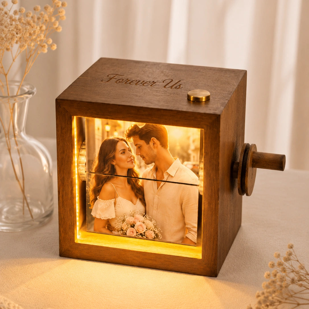 YSHomy Personalized Wooden Photo Flip Box with Light & Engraving